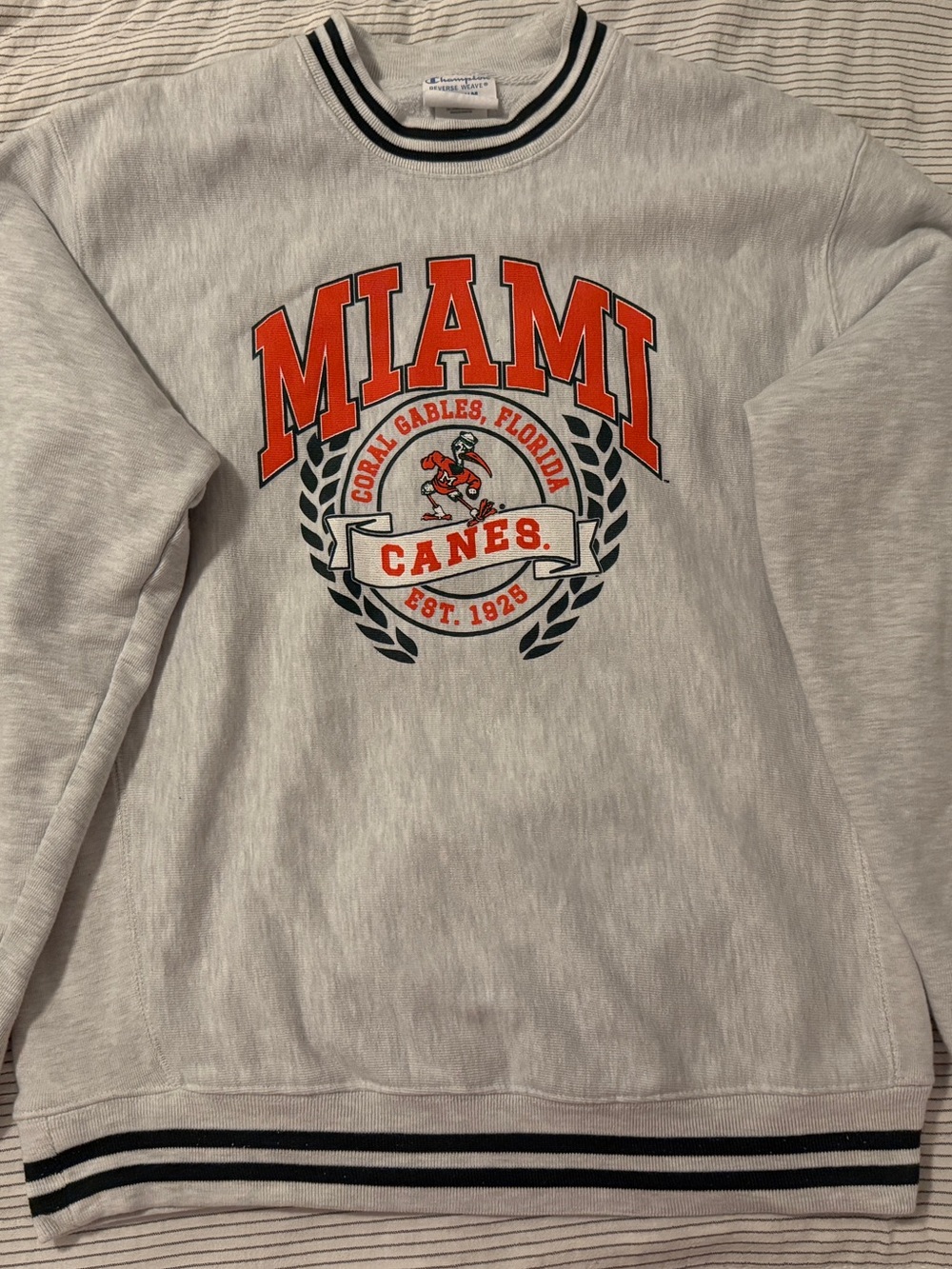 Vintage Champion Miami Canes Gray Crewneck Pullover Sweatshirt